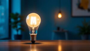 A photograph of a sleek and modern 2-foot led light bulb illuminated in a stylish interior setting
