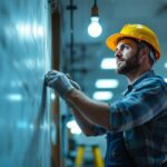 A photograph of a lighting contractor retrofitting modern led lights in a commercial space