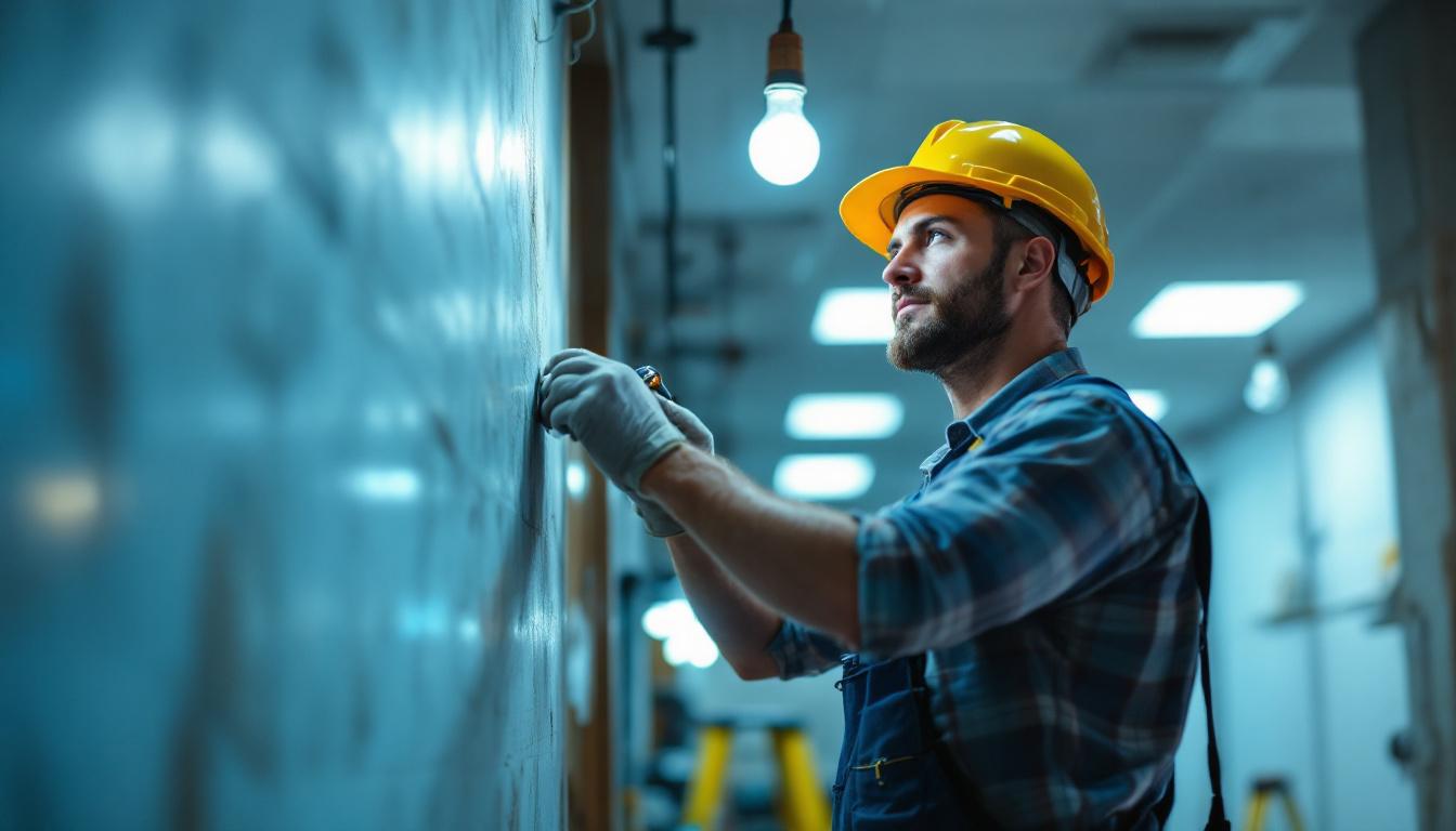 A photograph of a lighting contractor retrofitting modern led lights in a commercial space