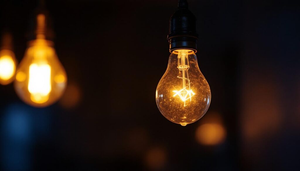 A photograph of a close-up shot of a flickering light bulb in a dimly lit room