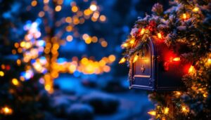 A photograph of a beautifully decorated mailbox adorned with vibrant christmas lights