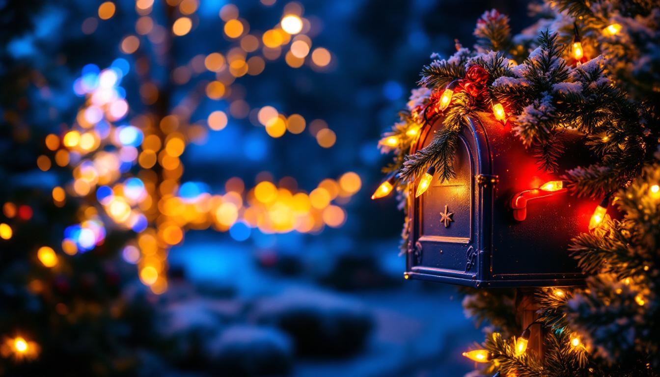 A photograph of a beautifully decorated mailbox adorned with vibrant christmas lights