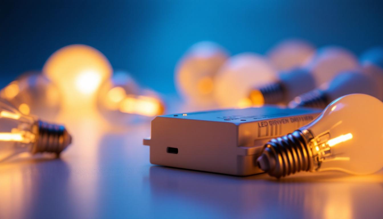 A photograph of a close-up view of a led driver alongside various led light bulbs