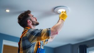 A photograph of a skilled lighting contractor installing recessed lighting fixtures in a modern interior space