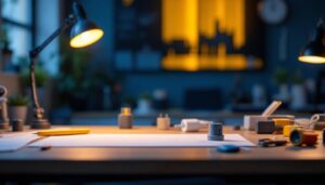 A photograph of a well-lit workspace featuring a variety of conversion sockets in use