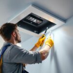 A photograph of a lighting contractor installing a flush-mounted electrical box in a modern home