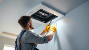 A photograph of a lighting contractor installing a flush-mounted electrical box in a modern home
