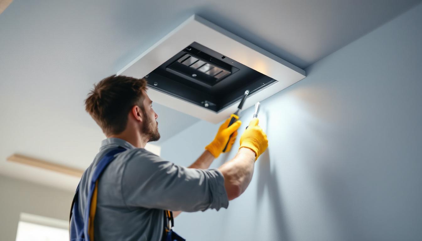 A photograph of a lighting contractor installing a flush-mounted electrical box in a modern home
