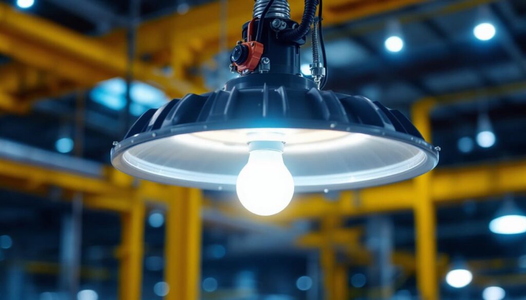 A photograph of a metal halide fixture being retrofitted with led replacement bulbs