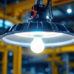 A photograph of a metal halide fixture being retrofitted with led replacement bulbs