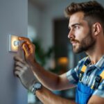 A photograph of a lighting contractor installing a modern dimmer light switch in a stylish home setting