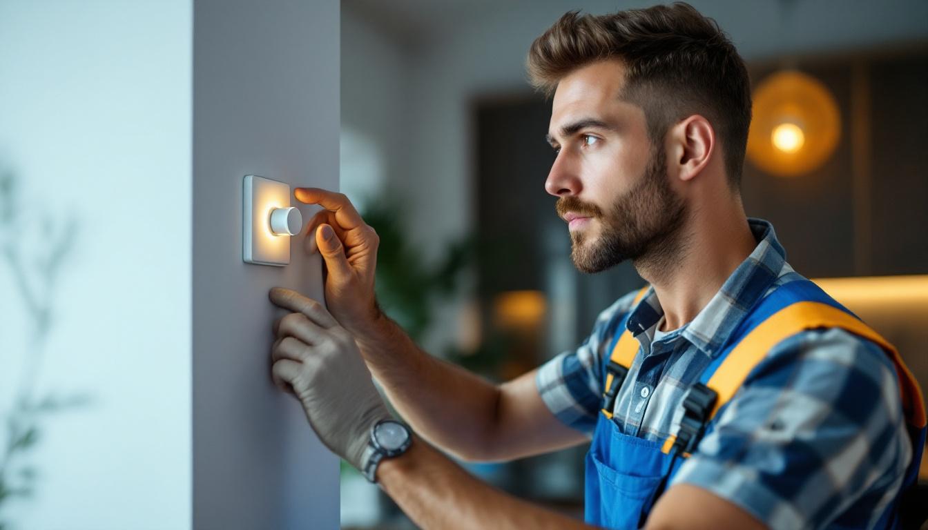 A photograph of a lighting contractor installing a modern dimmer light switch in a stylish home setting