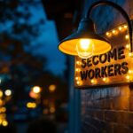 A photograph of a stylish gooseneck sign light illuminating a storefront or outdoor sign at dusk