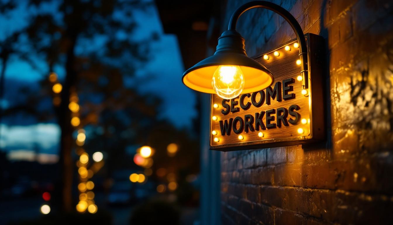 A photograph of a stylish gooseneck sign light illuminating a storefront or outdoor sign at dusk