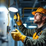 A photograph of a skilled lighting contractor installing emergency backup lighting in a commercial space