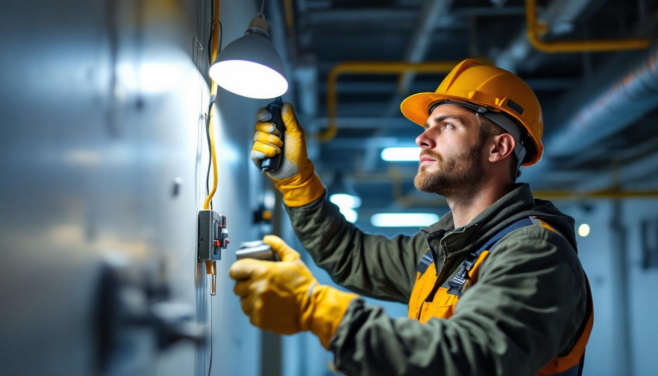 A photograph of a skilled lighting contractor installing emergency backup lighting in a commercial space
