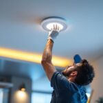 A photograph of a skilled lighting contractor installing a 5-inch recessed led light in a modern ceiling