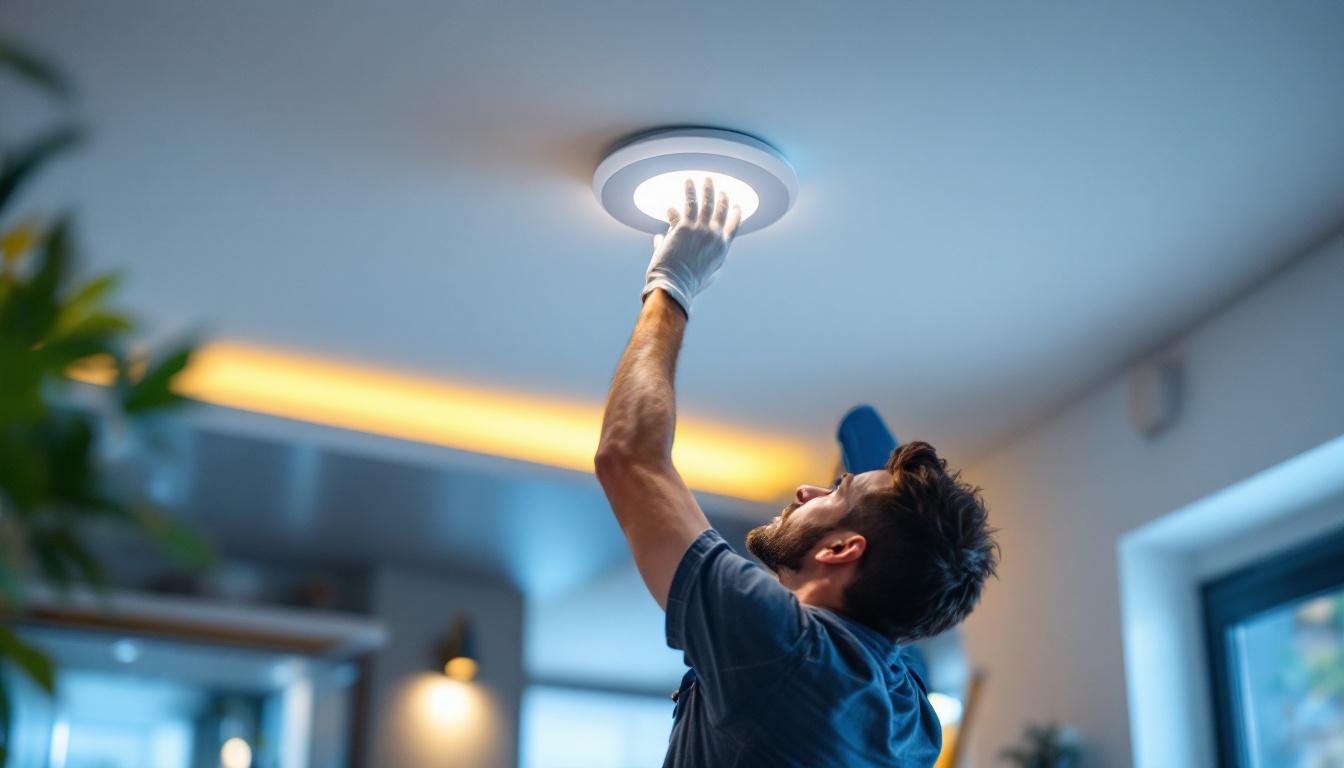A photograph of a skilled lighting contractor installing a 5-inch recessed led light in a modern ceiling
