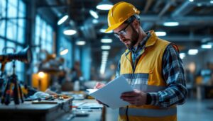 A photograph of a lighting contractor meticulously reviewing a checklist while inspecting a well-lit commercial space