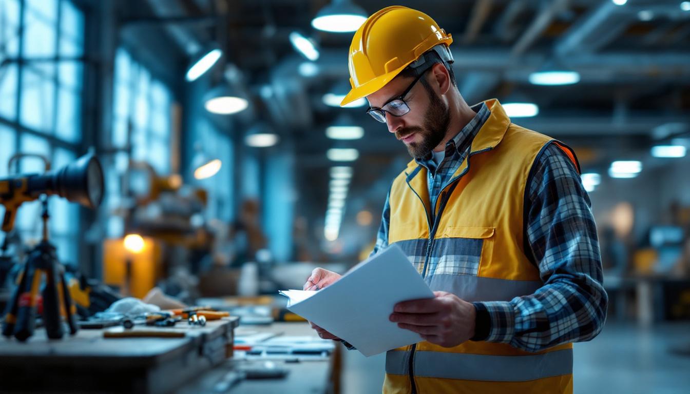A photograph of a lighting contractor meticulously reviewing a checklist while inspecting a well-lit commercial space