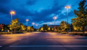 A photograph of a beautifully illuminated parking lot at dusk