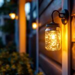 A photograph of a beautifully illuminated jelly jar porch light installed on a charming front porch
