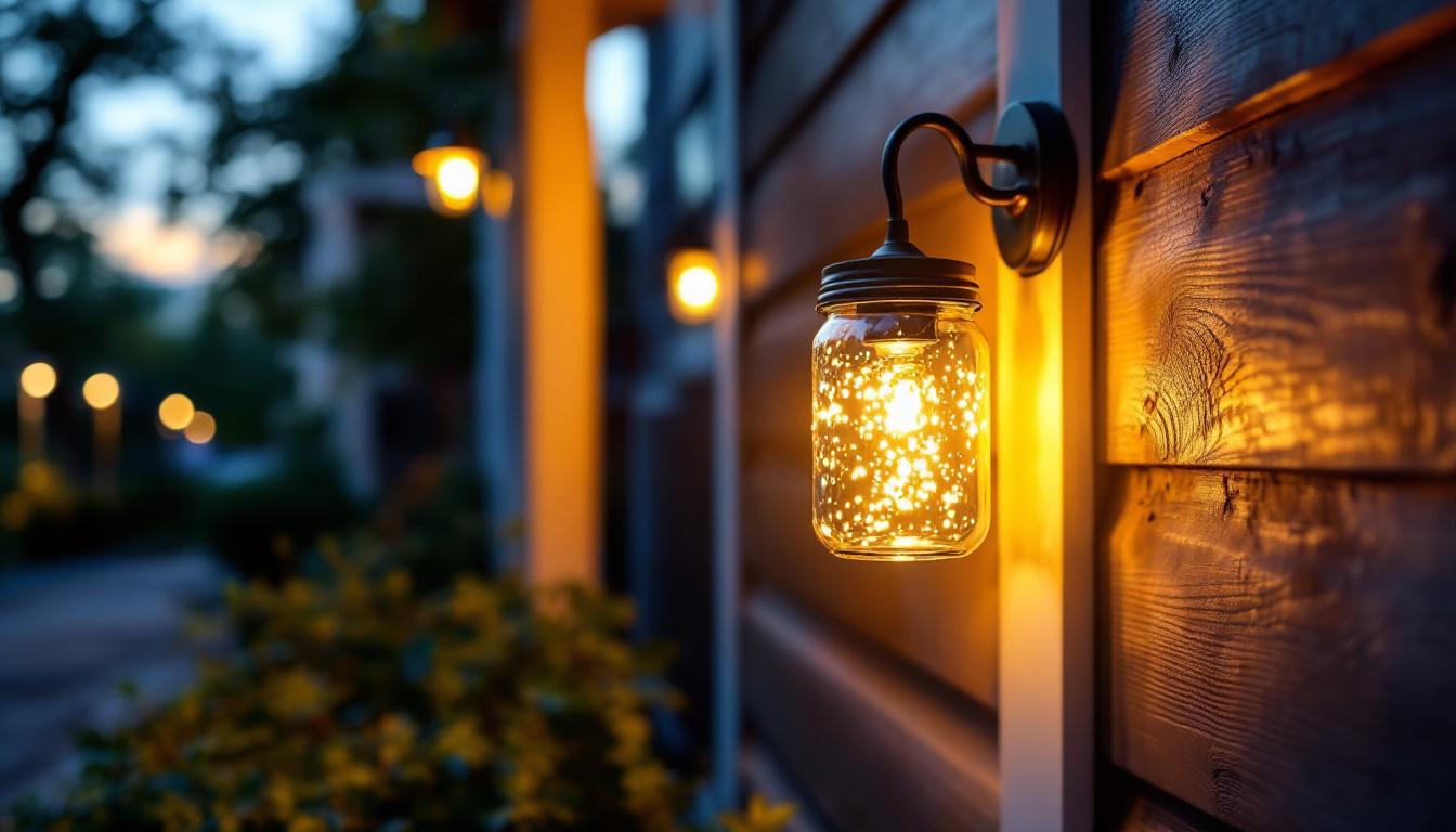 A photograph of a beautifully illuminated jelly jar porch light installed on a charming front porch