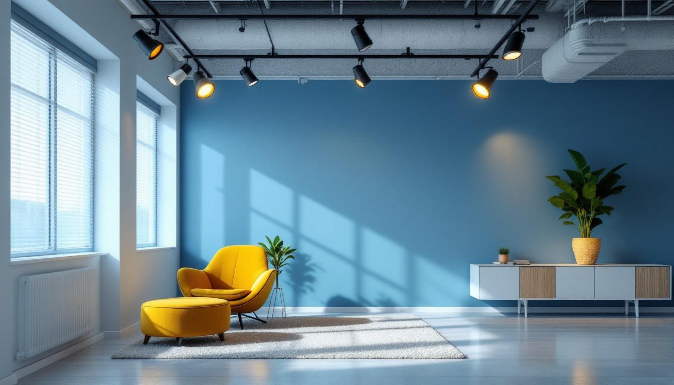 A photograph of a stylishly designed room featuring sophisticated track lighting installations that highlight various areas