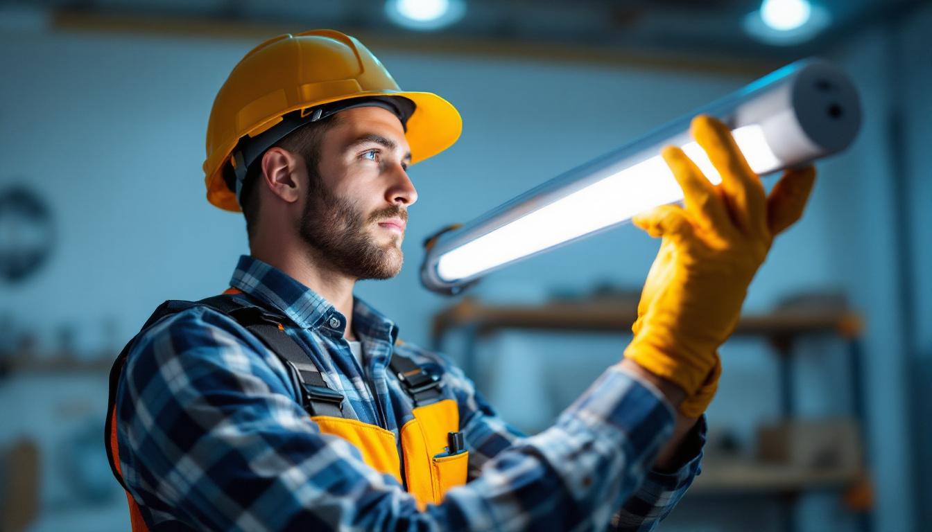 A photograph of a skilled lighting contractor expertly installing or replacing a 3ft fluorescent tube in a well-lit workspace