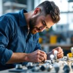 A photograph of a lighting contractor examining various bulb base codes and types in a well-lit workshop
