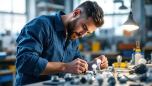 A photograph of a lighting contractor examining various bulb base codes and types in a well-lit workshop