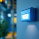 A photograph of a wall-mounted emergency light installed in a commercial setting