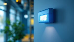 A photograph of a wall-mounted emergency light installed in a commercial setting