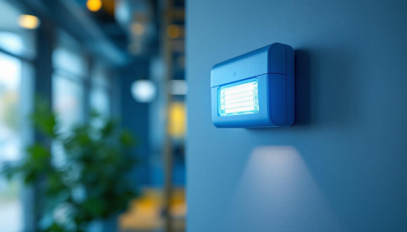A photograph of a wall-mounted emergency light installed in a commercial setting