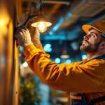A photograph of a lighting contractor actively engaged in installing or adjusting high-quality lighting fixtures in a commercial setting