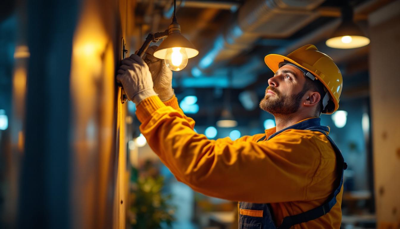 A photograph of a lighting contractor actively engaged in installing or adjusting high-quality lighting fixtures in a commercial setting