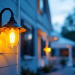 A photograph of a beautifully illuminated porch featuring a dusk-to-dawn light fixture