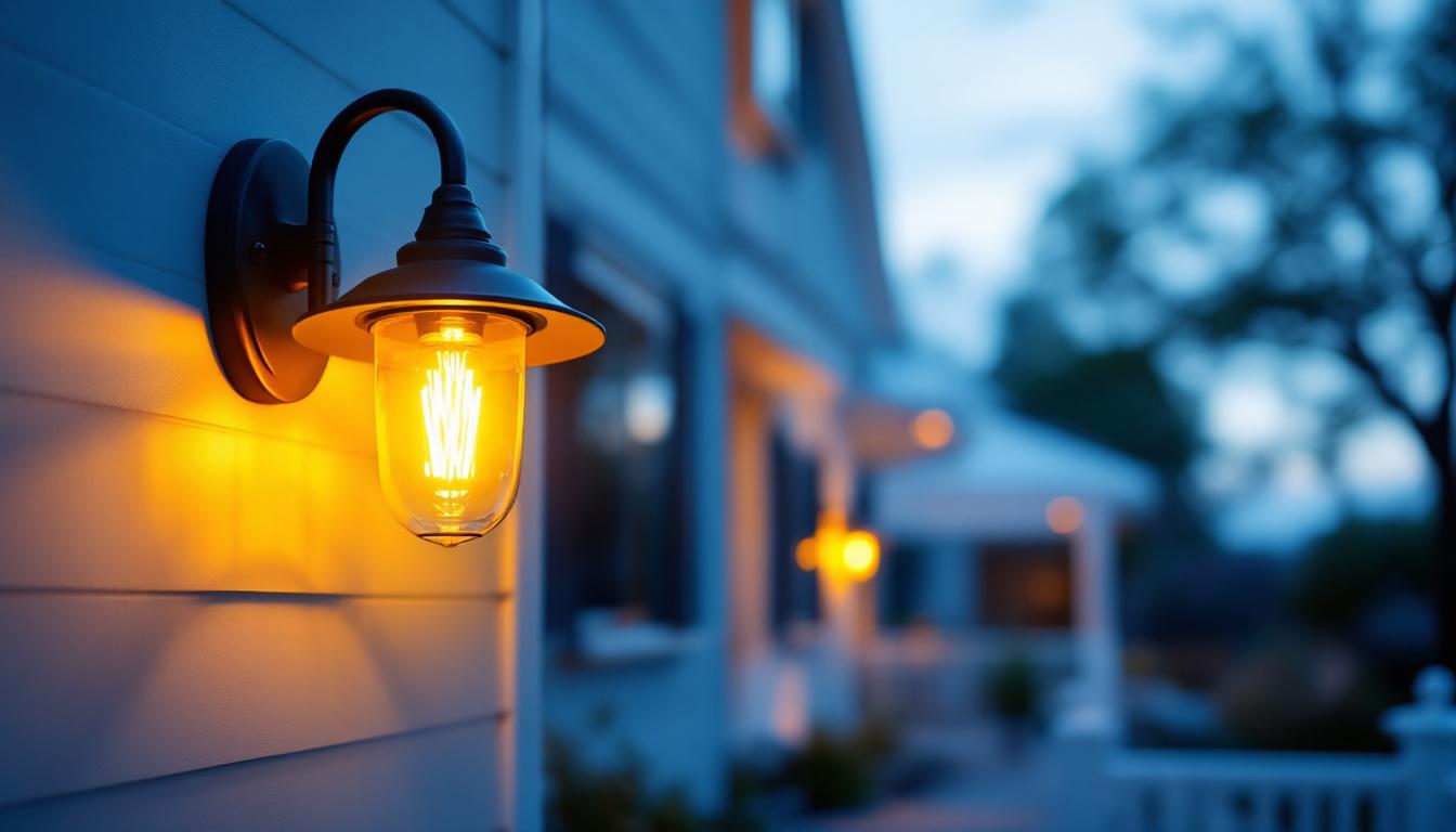 A photograph of a beautifully illuminated porch featuring a dusk-to-dawn light fixture