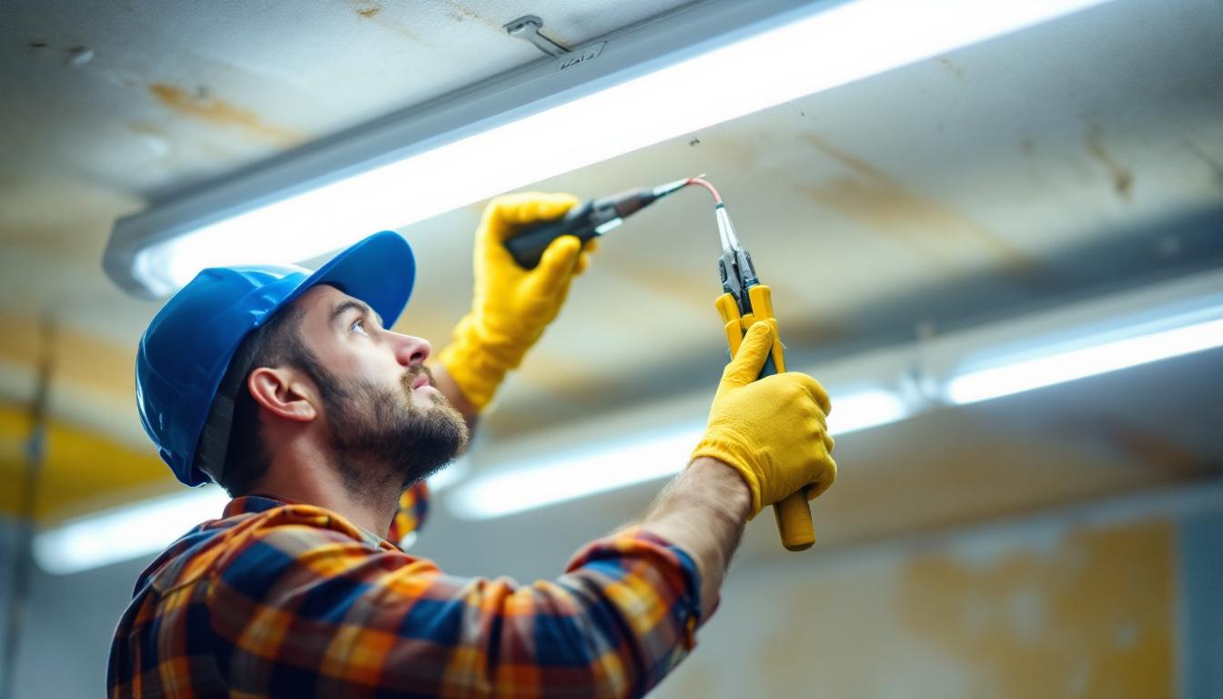 A photograph of a skilled lighting contractor carefully rewiring a fluorescent light fixture to an led setup