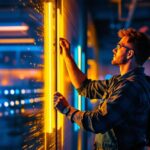 A photograph of a skilled lighting contractor installing a vibrant led flexible light strip in a modern space