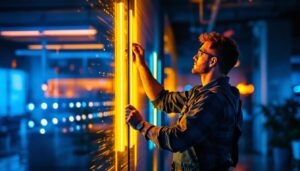 A photograph of a skilled lighting contractor installing a vibrant led flexible light strip in a modern space