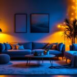A photograph of a beautifully arranged room illuminated by vibrant led light strips