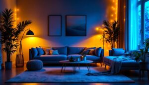 A photograph of a beautifully arranged room illuminated by vibrant led light strips