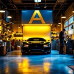 A photograph of a well-lit body shop interior showcasing various lighting installations and contractors at work