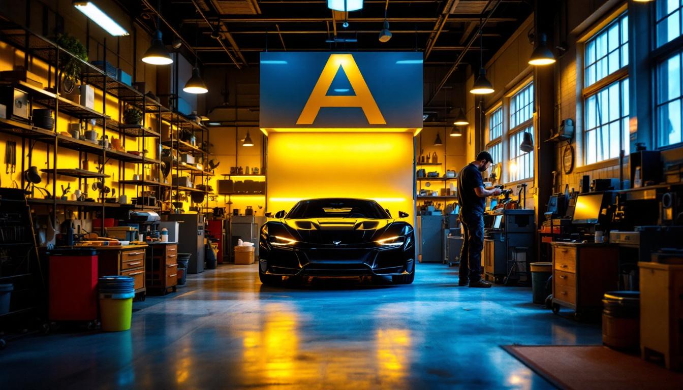 A photograph of a well-lit body shop interior showcasing various lighting installations and contractors at work