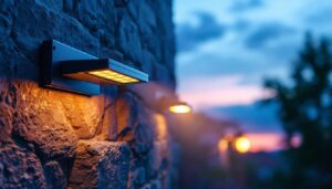 A photograph of a solar-powered light bar installed in a beautifully lit outdoor setting