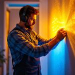 A photograph of a lighting contractor skillfully installing vibrant portable led strip lights in a modern interior space