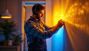 A photograph of a lighting contractor skillfully installing vibrant portable led strip lights in a modern interior space