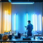 A photograph of a well-lit workspace featuring a variety of long lights