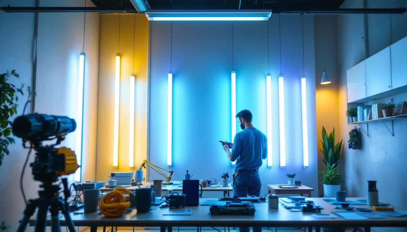 A photograph of a well-lit workspace featuring a variety of long lights